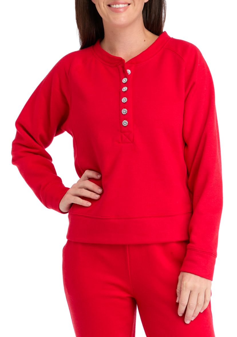 Womens Long Sleeve Jewel Button Henley Top 