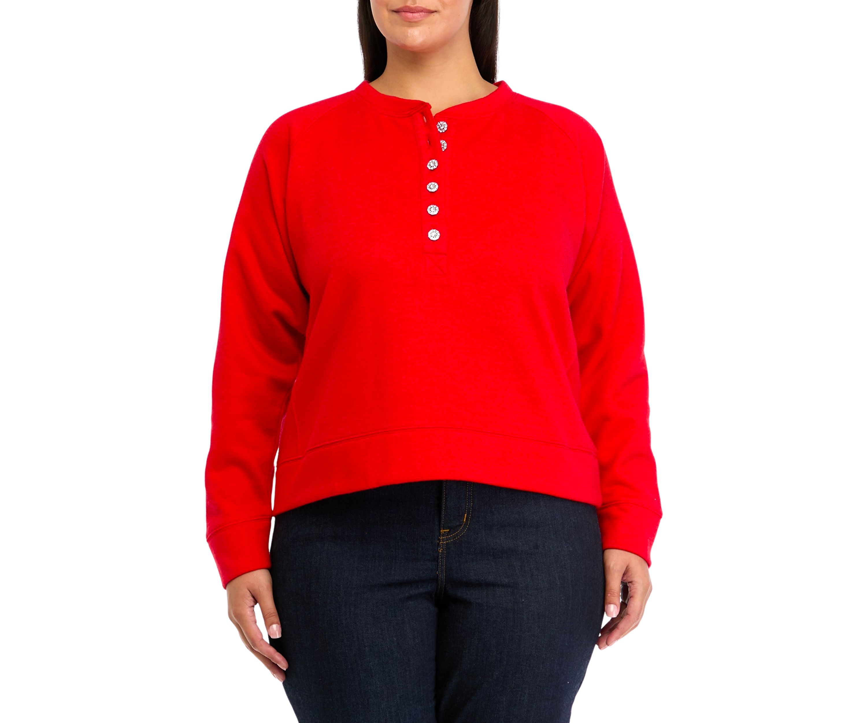 Plus Size Long Sleeve Jewel Button Henley Top 