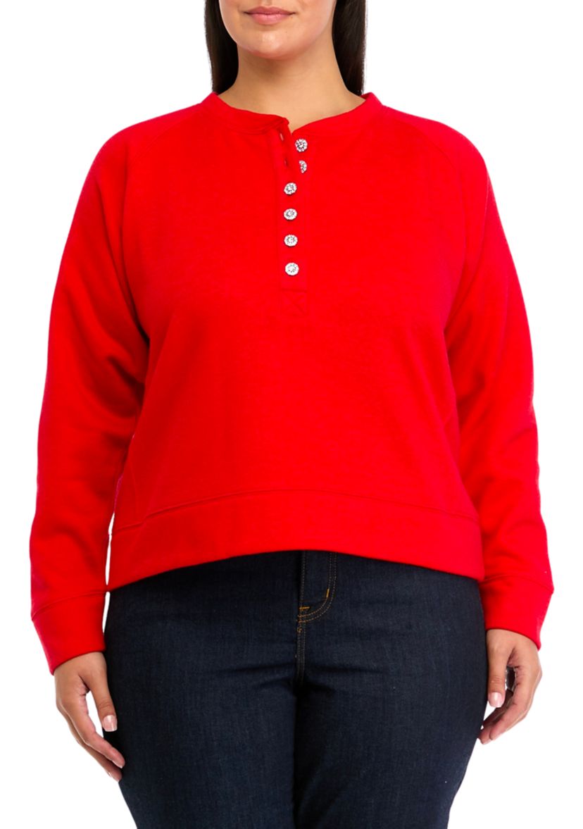 Plus Size Long Sleeve Jewel Button Henley Top 