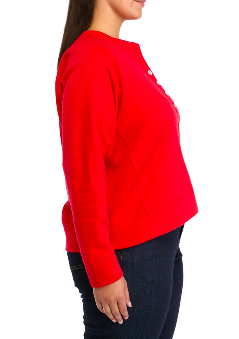 Plus Size Long Sleeve Jewel Button Henley Top 