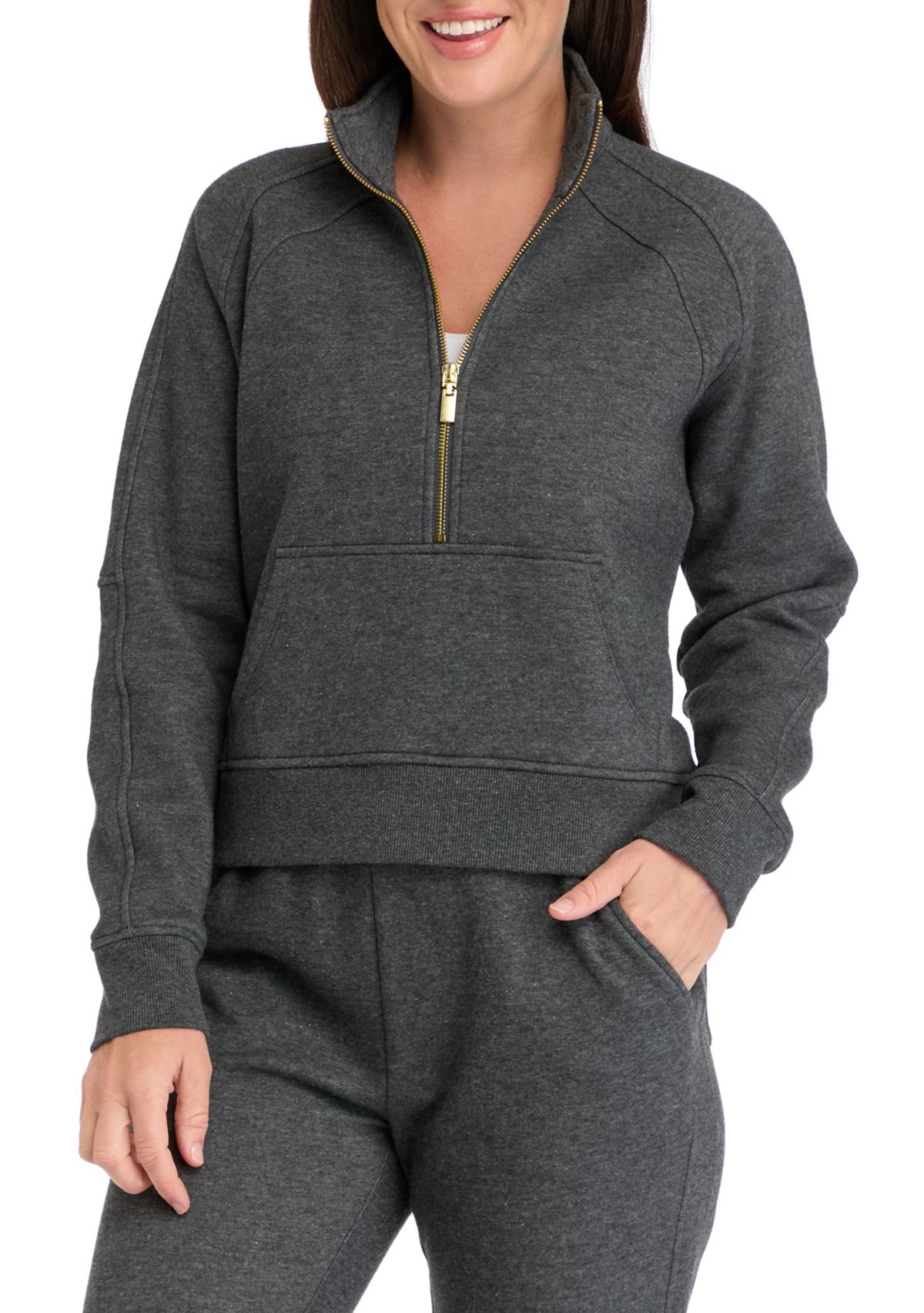 Womens Long Sleeve Half Zip Top with Kangaroo Pocket 