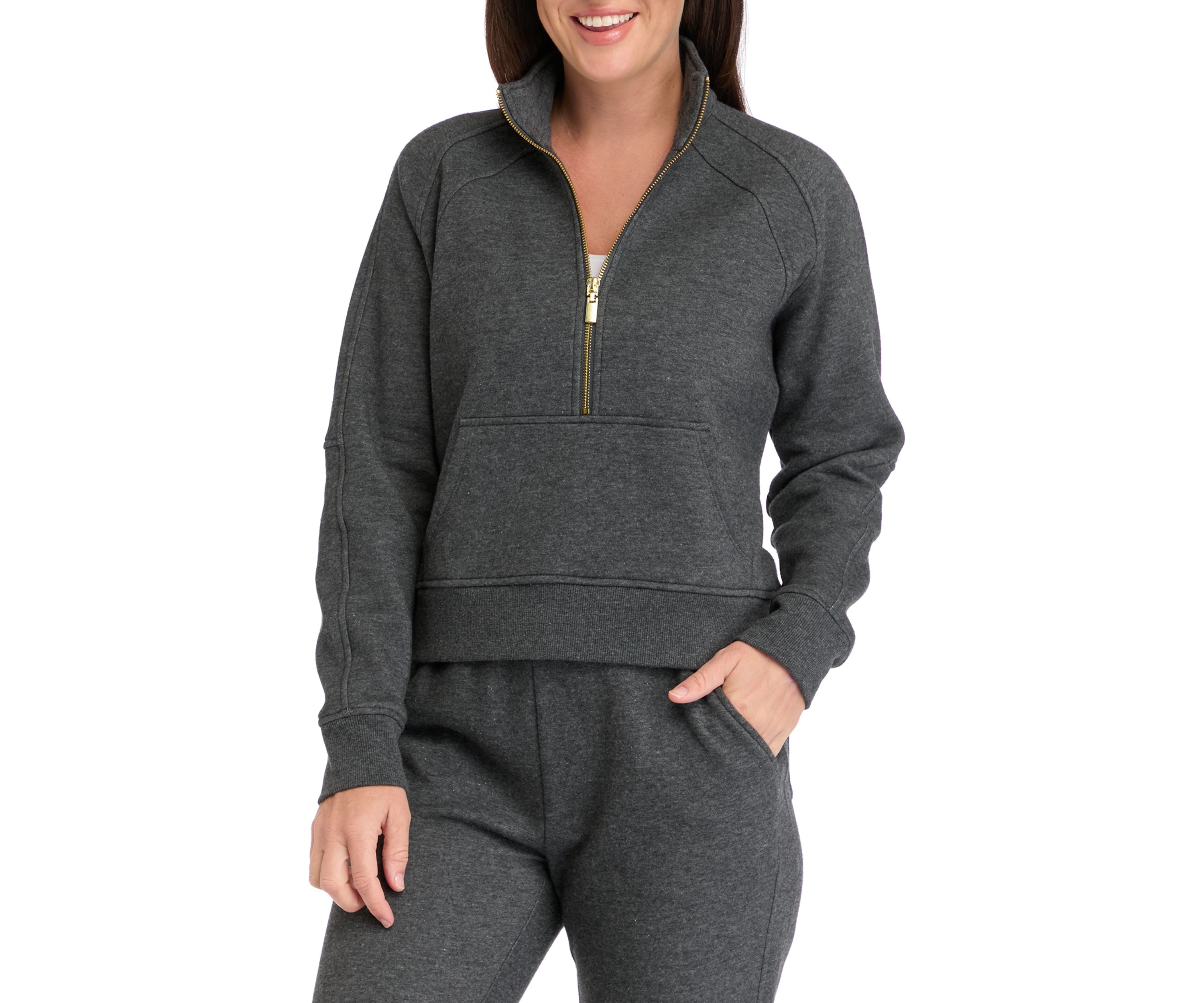 Womens Long Sleeve Half Zip Top with Kangaroo Pocket 