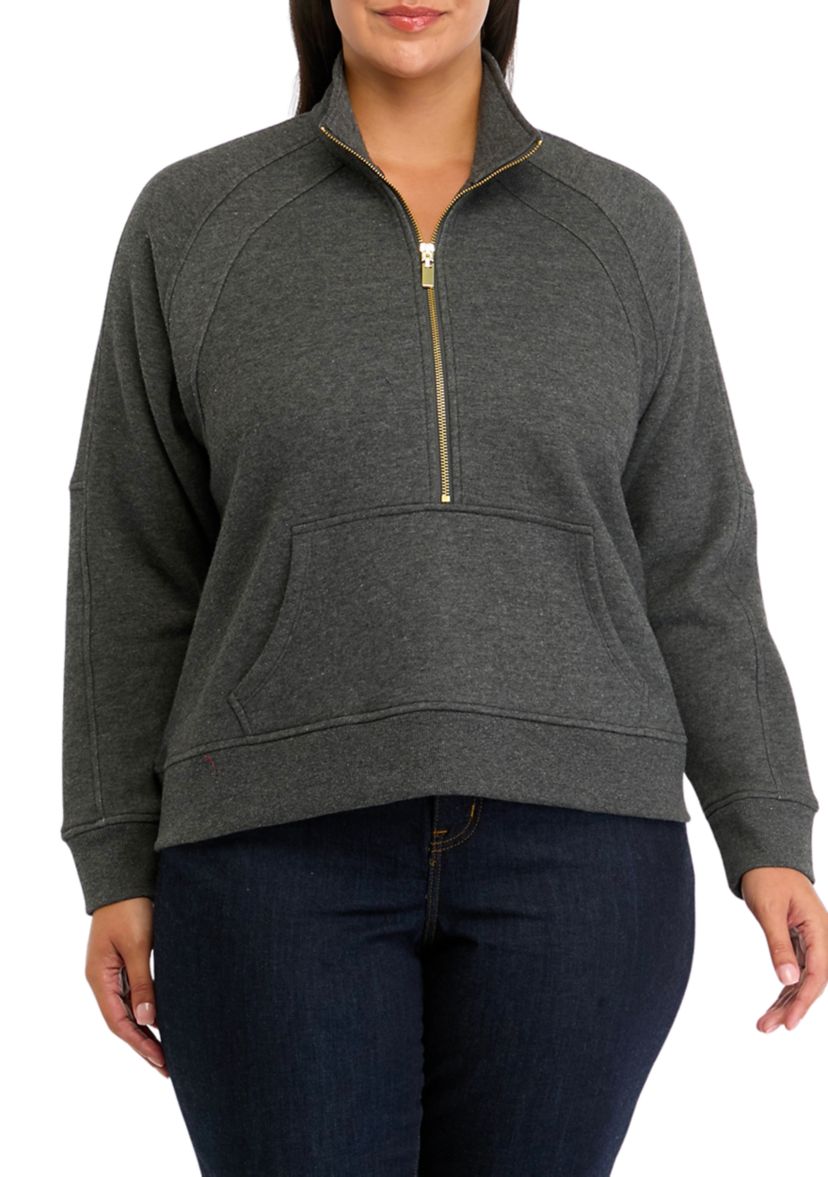 Plus Size Half Zip Top with Kangaroo Pocket 