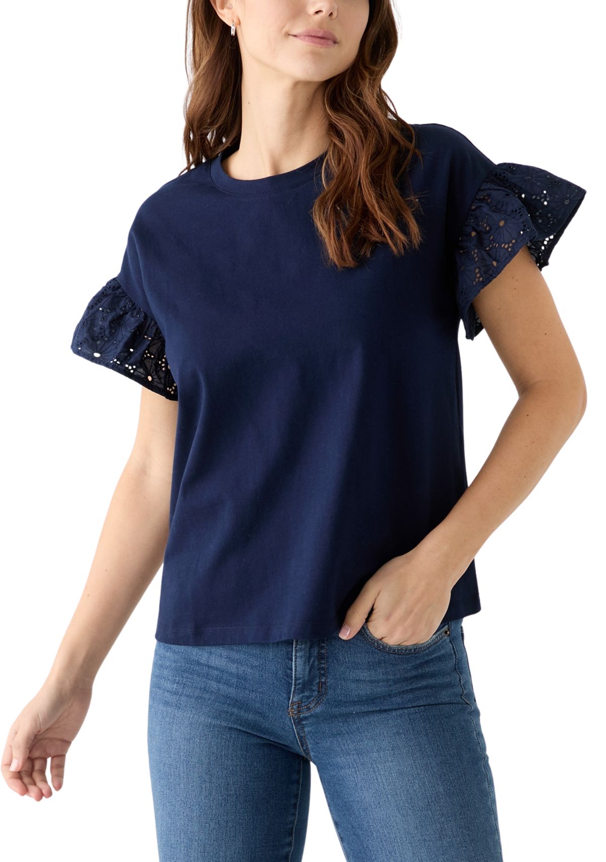 Crown & Ivy™ Women's Short Sleeve Eyelet Ruffle Top | Belk