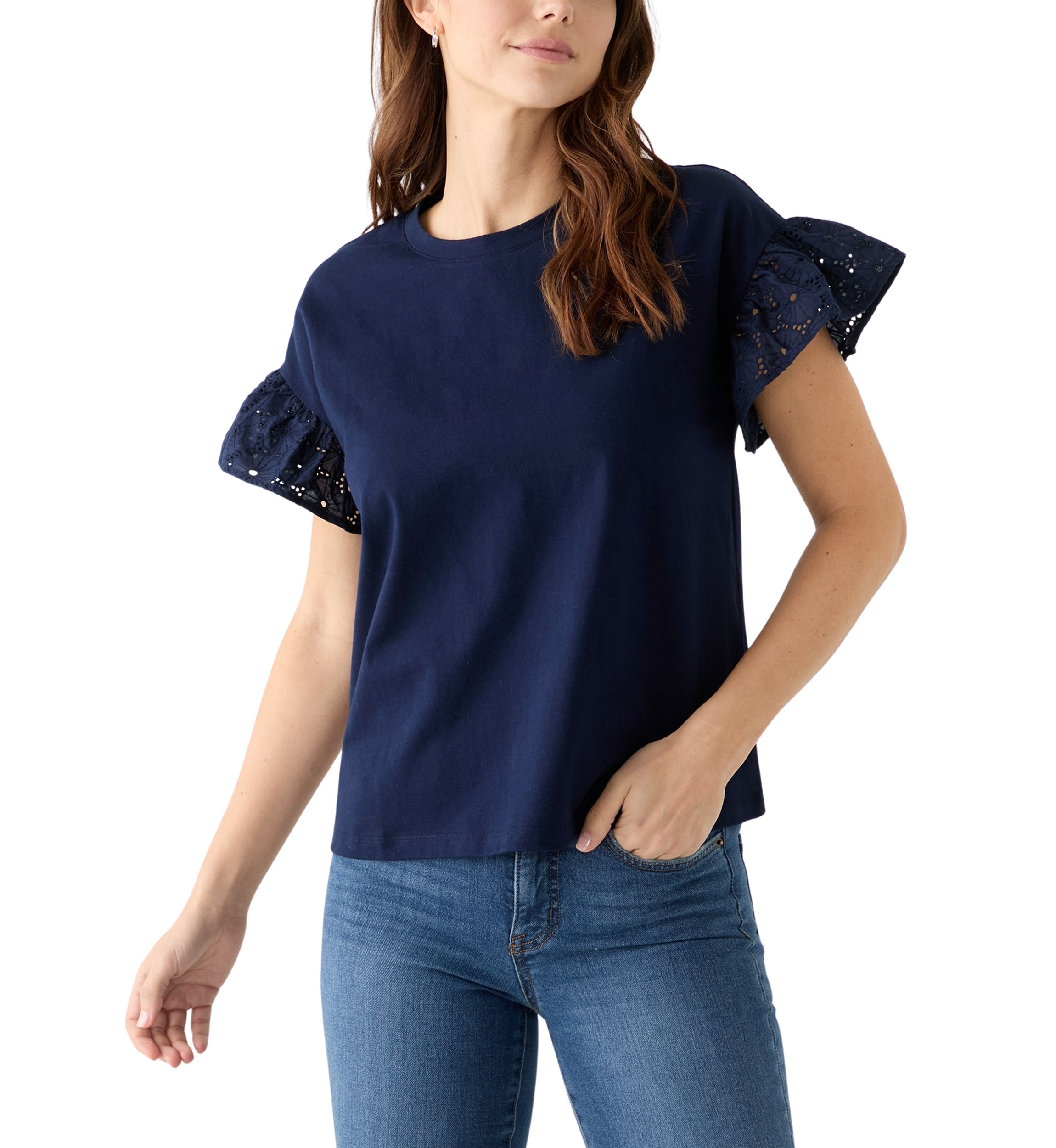 Womens Short Sleeve Eyelet Ruffle Top