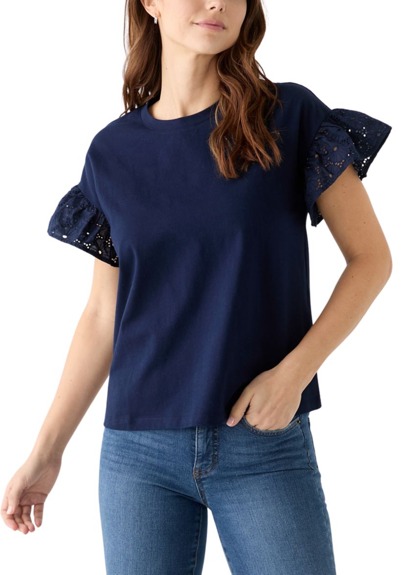 Womens Short Sleeve Eyelet Ruffle Top