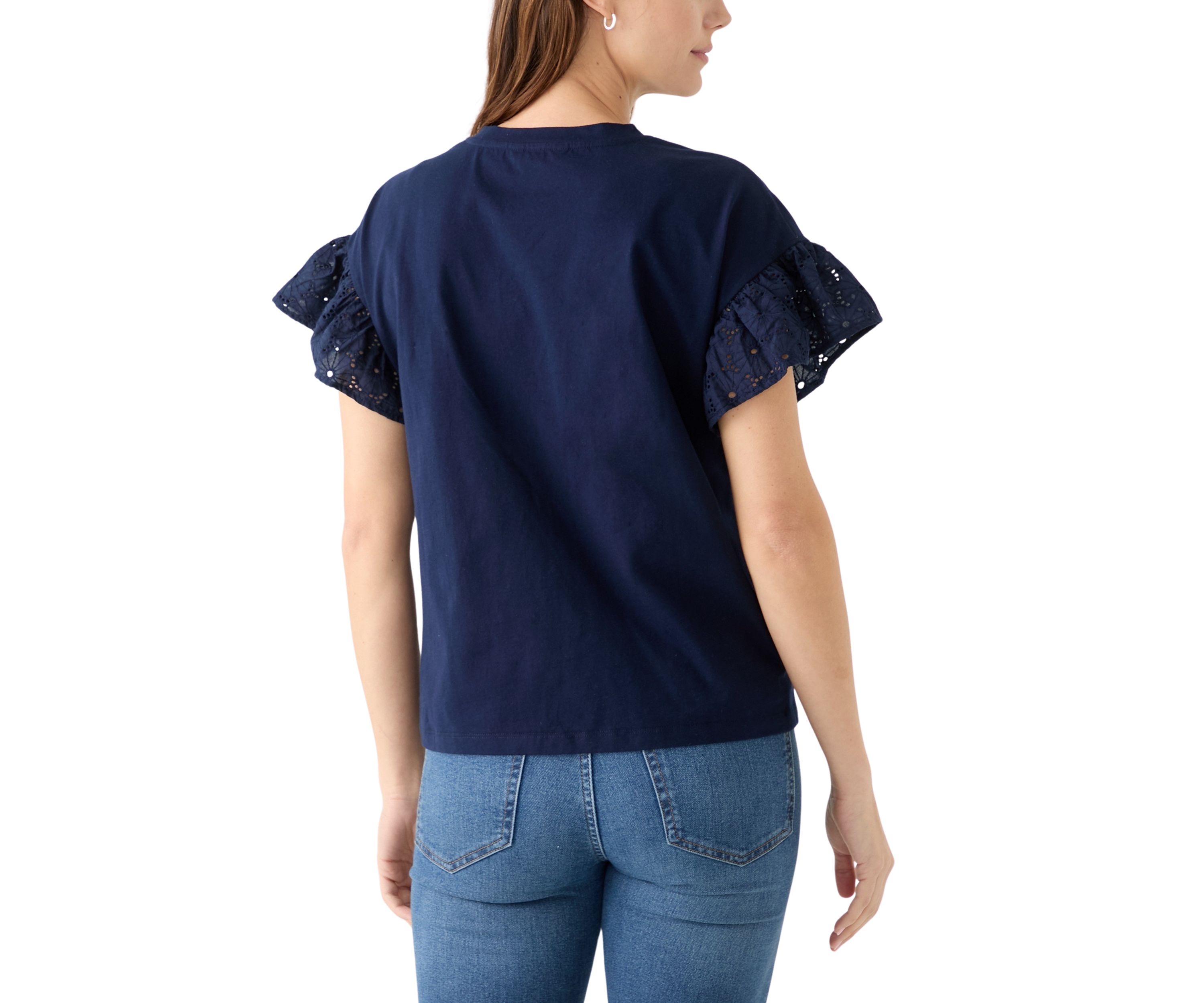 Womens Short Sleeve Eyelet Ruffle Top