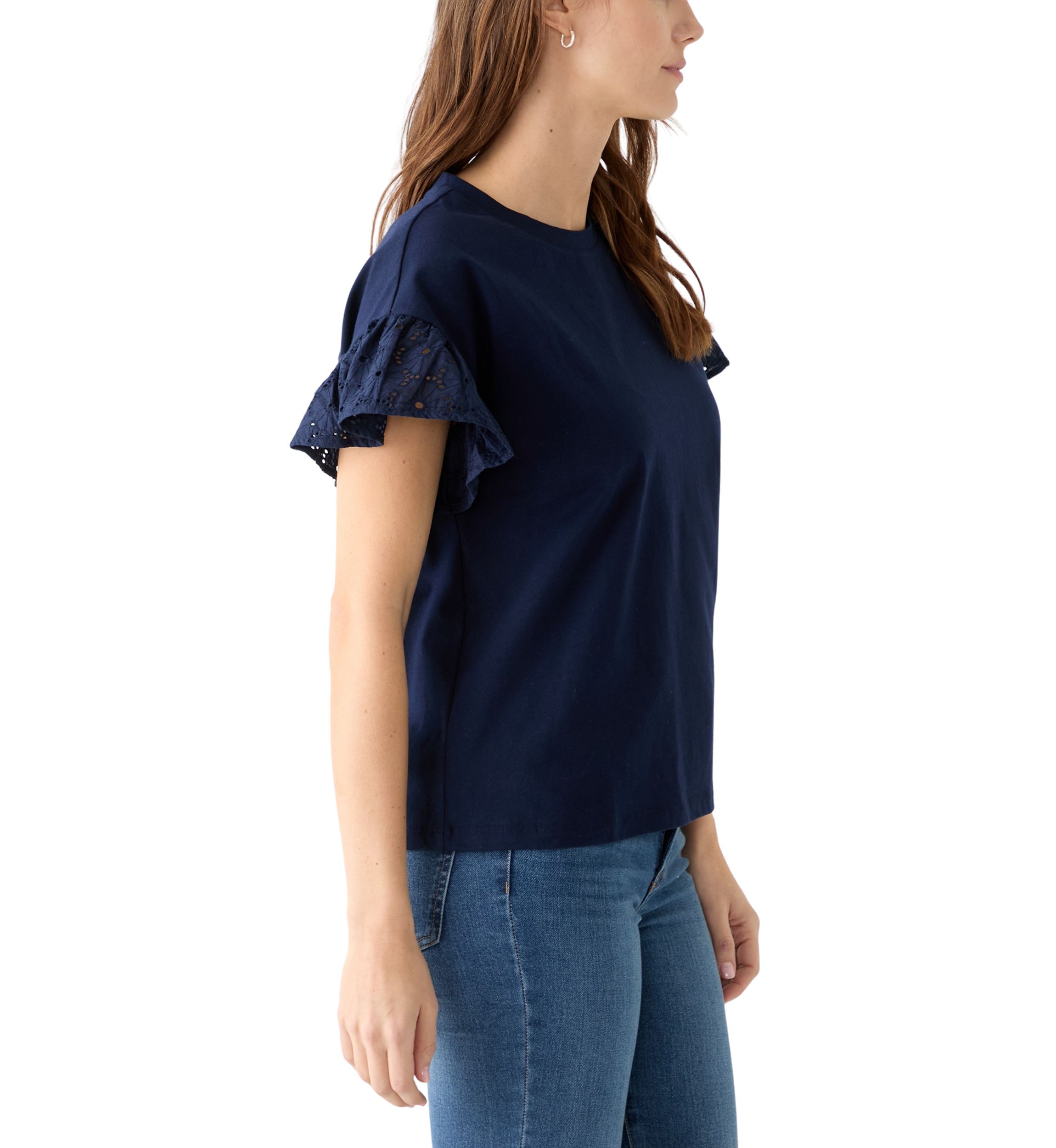 Womens Short Sleeve Eyelet Ruffle Top