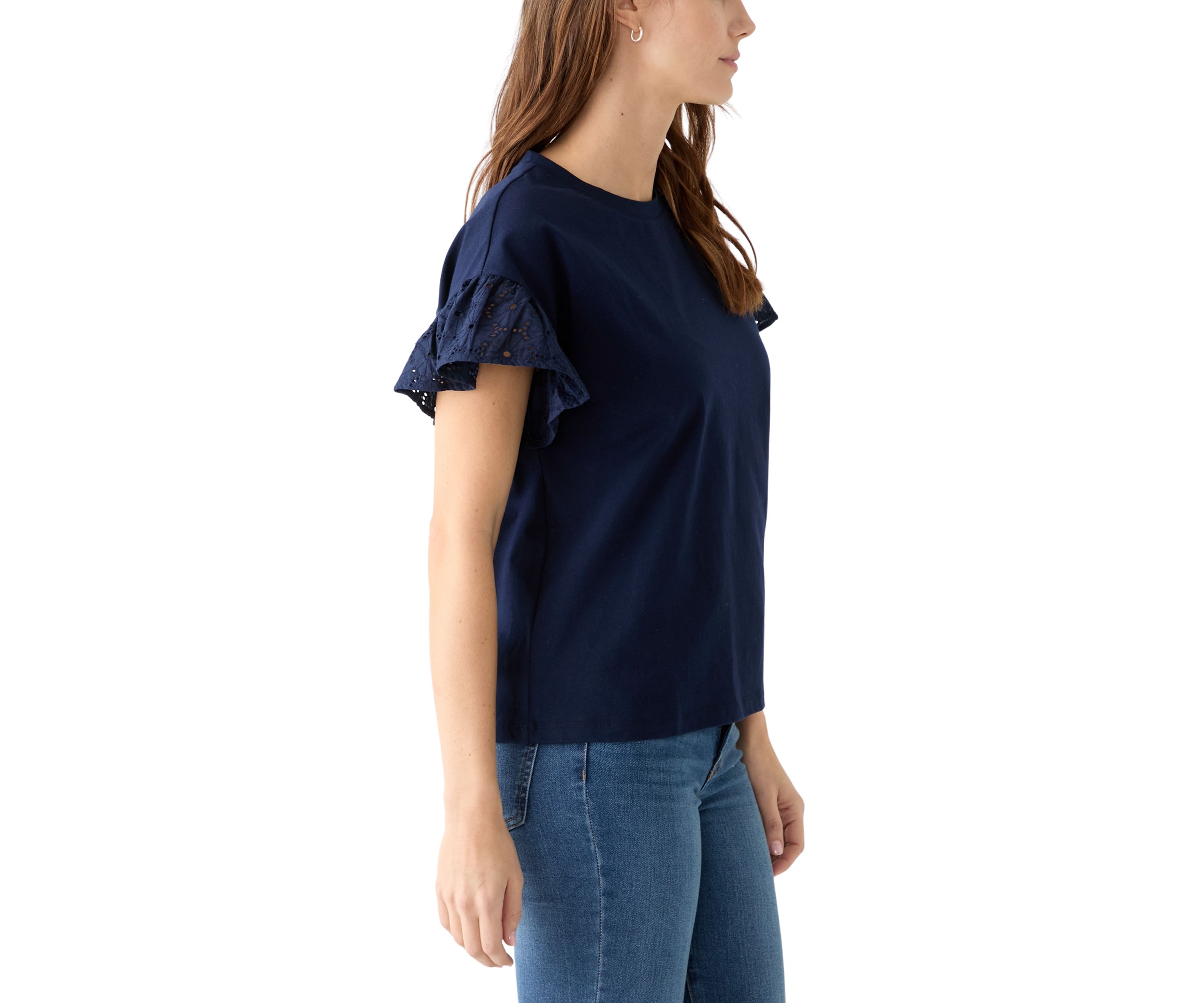 Womens Short Sleeve Eyelet Ruffle Top