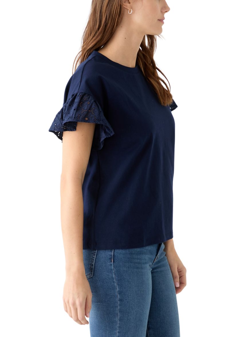 Womens Short Sleeve Eyelet Ruffle Top