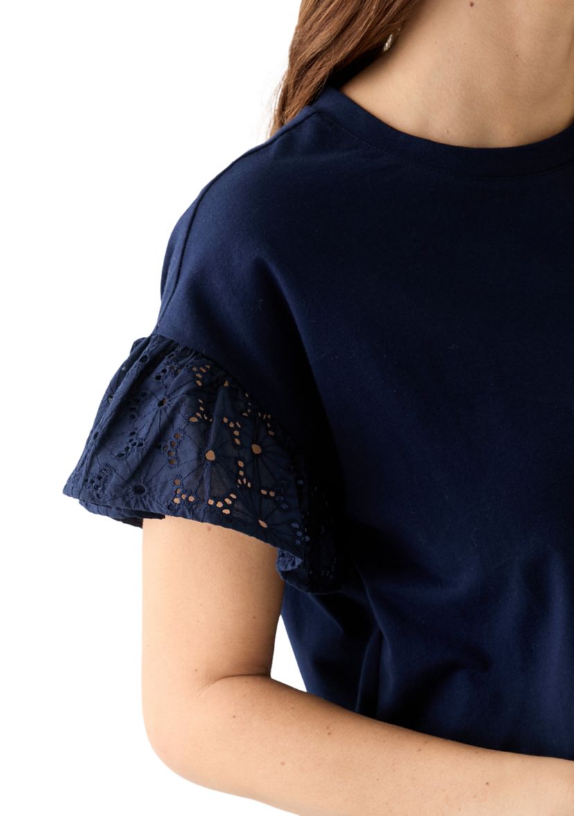Womens Short Sleeve Eyelet Ruffle Top