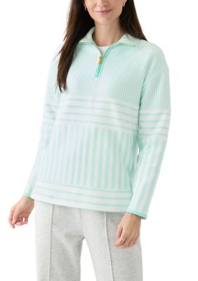 Crown & Ivy Women's Long Sleeve Half Zip Mock Neck Top with Contrast Trim, White, XL
