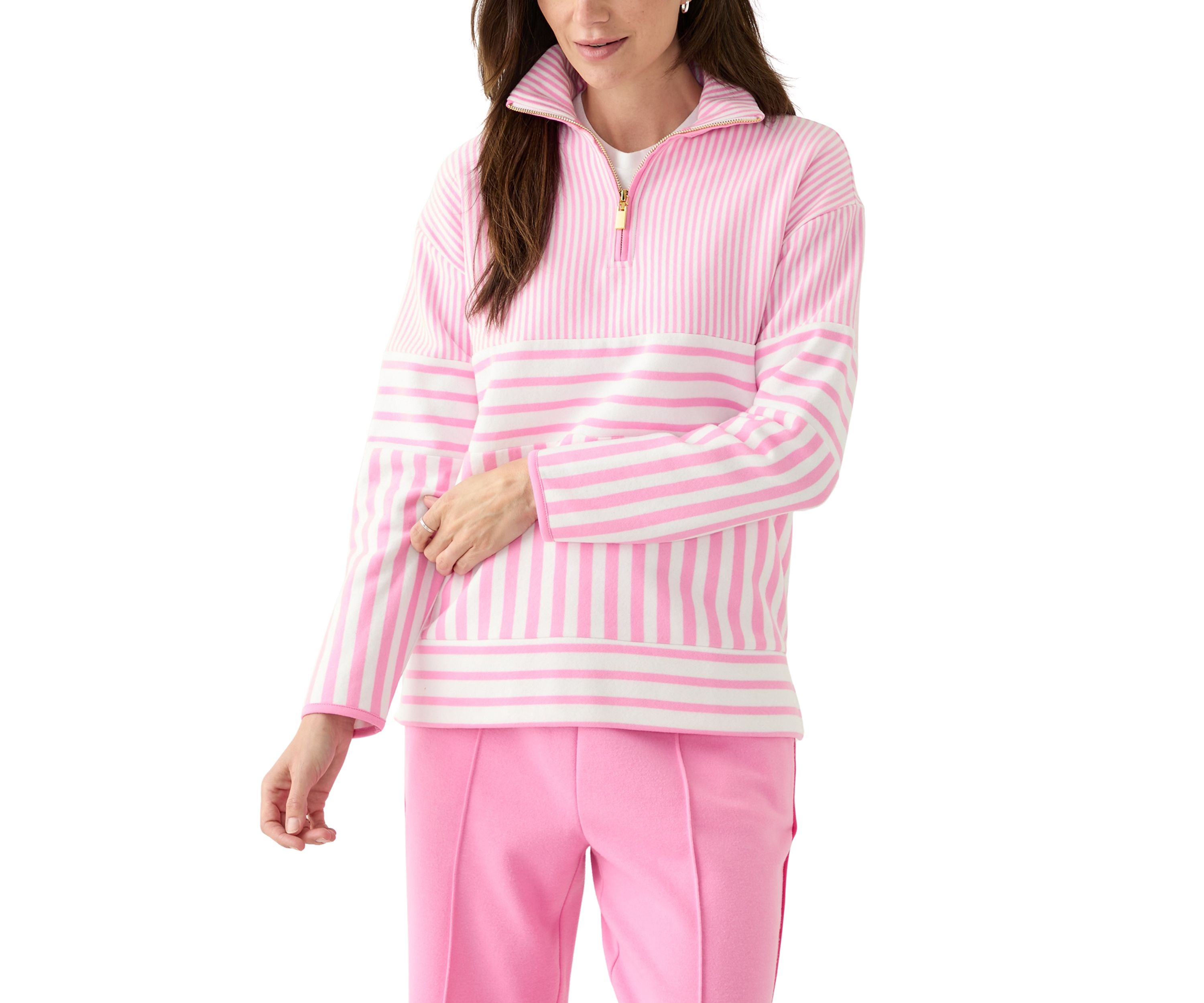 	  Womens Long Sleeve Half Zip Mock Neck Top with Contrast Trim 