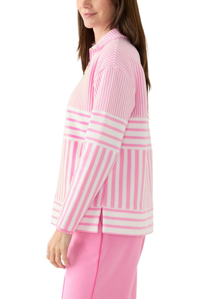 	  Womens Long Sleeve Half Zip Mock Neck Top with Contrast Trim 
