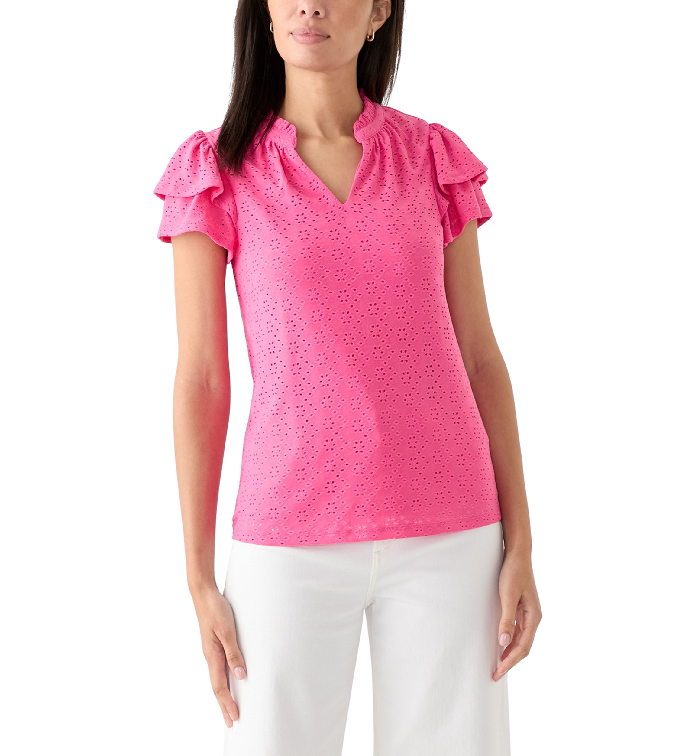 Womens Split Neck Eyelet Top