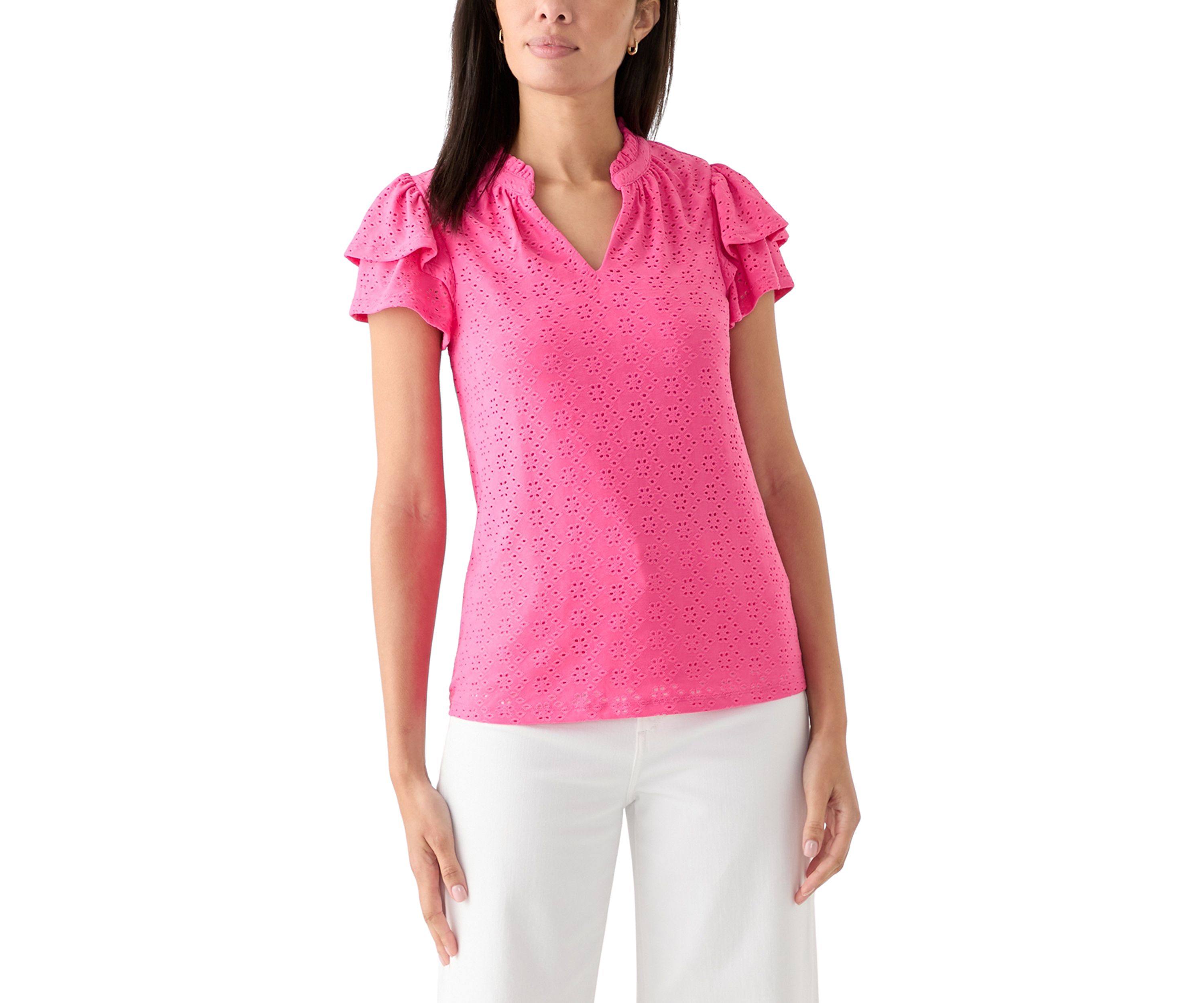 Womens Split Neck Eyelet Top