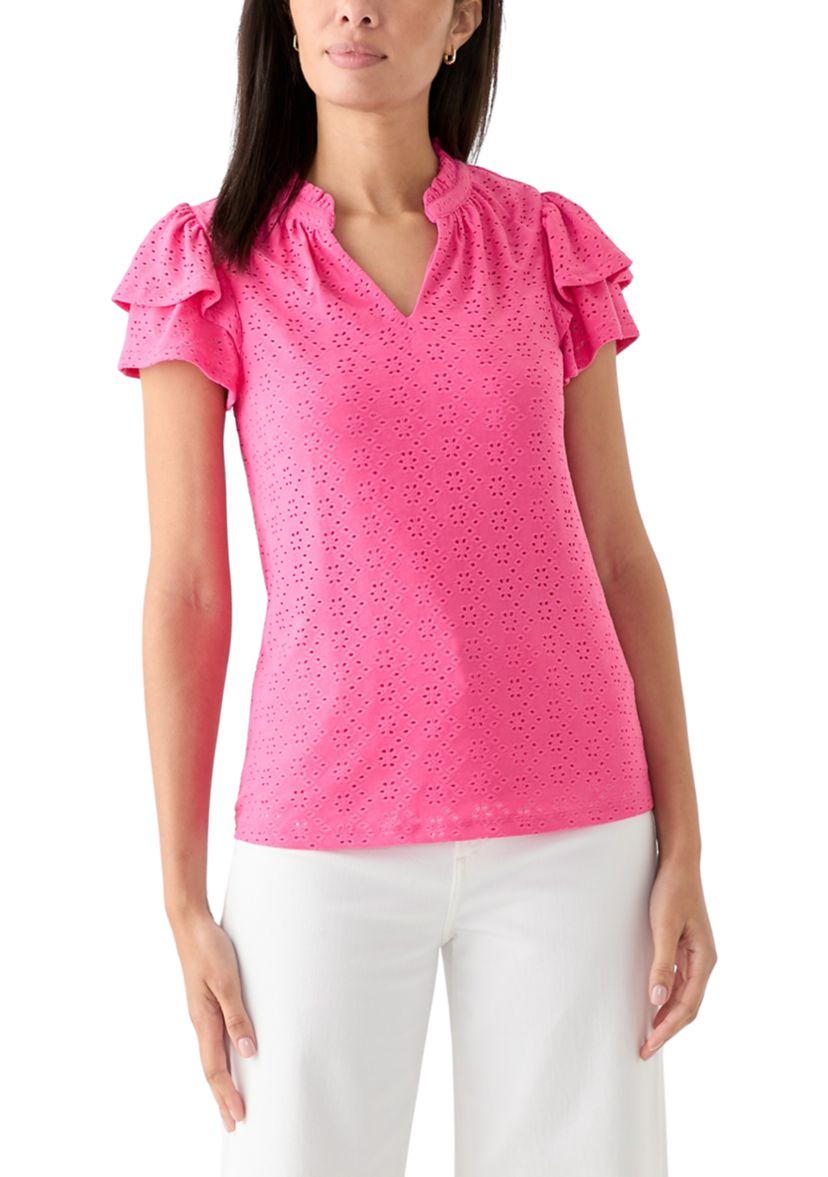 Womens Split Neck Eyelet Top