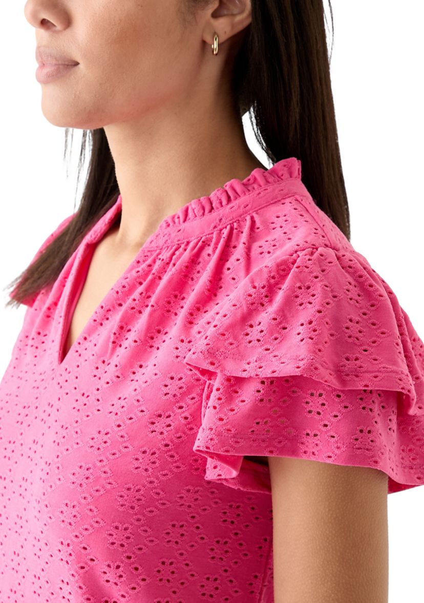 Womens Split Neck Eyelet Top