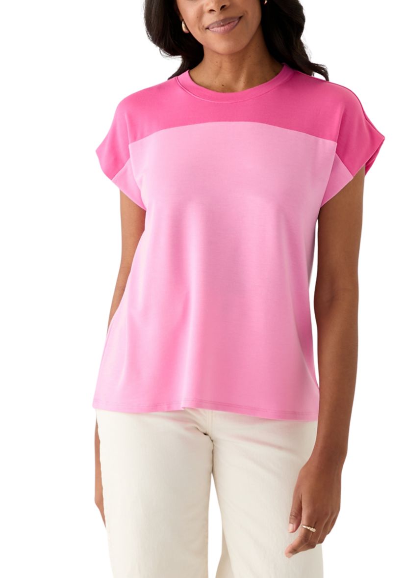 Womens Cap Sleeve Color Block T-Shirt 