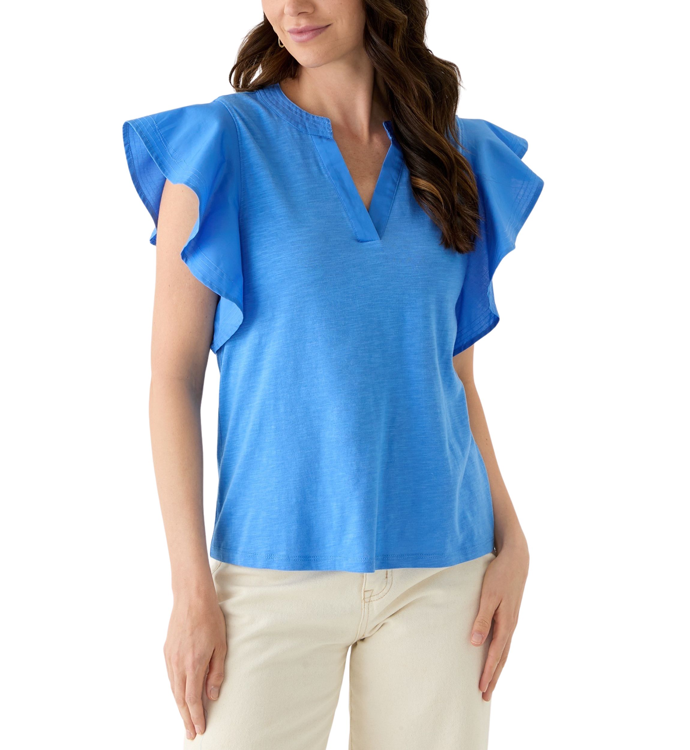 Womens Flutter Woven Sleeve Knit Top 