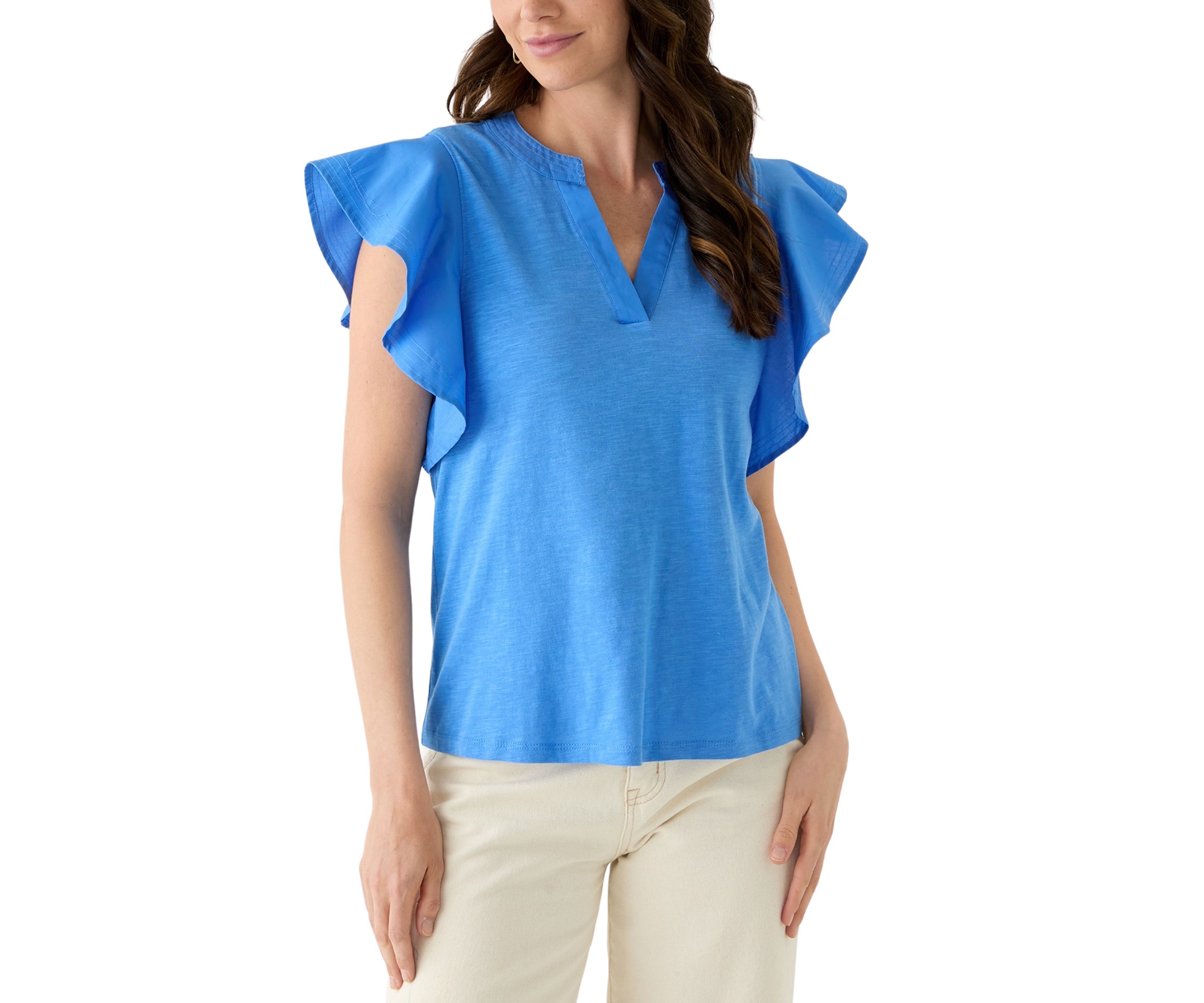 Womens Flutter Woven Sleeve Knit Top 