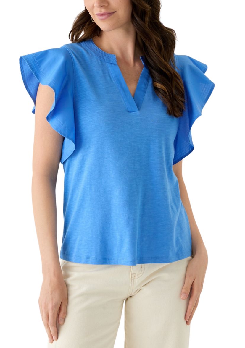 Womens Flutter Woven Sleeve Knit Top 