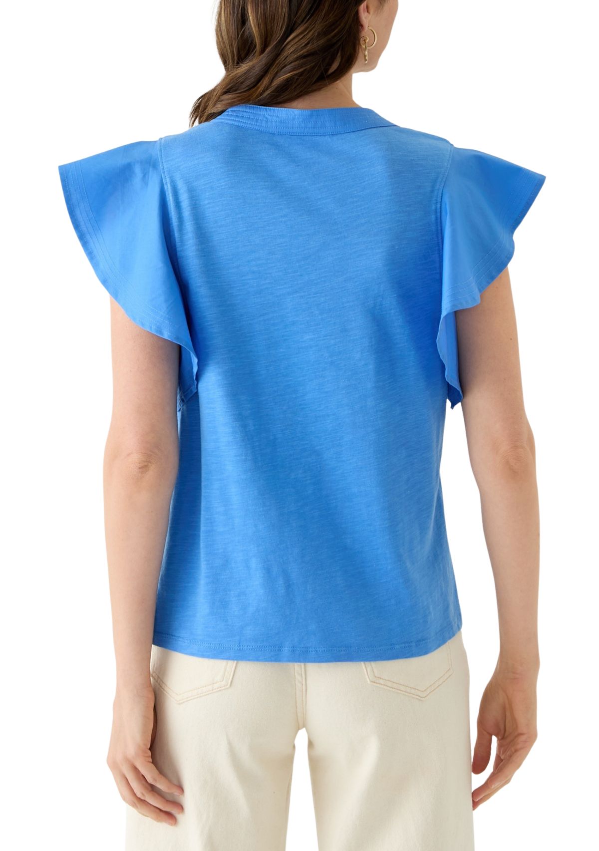Womens Flutter Woven Sleeve Knit Top 