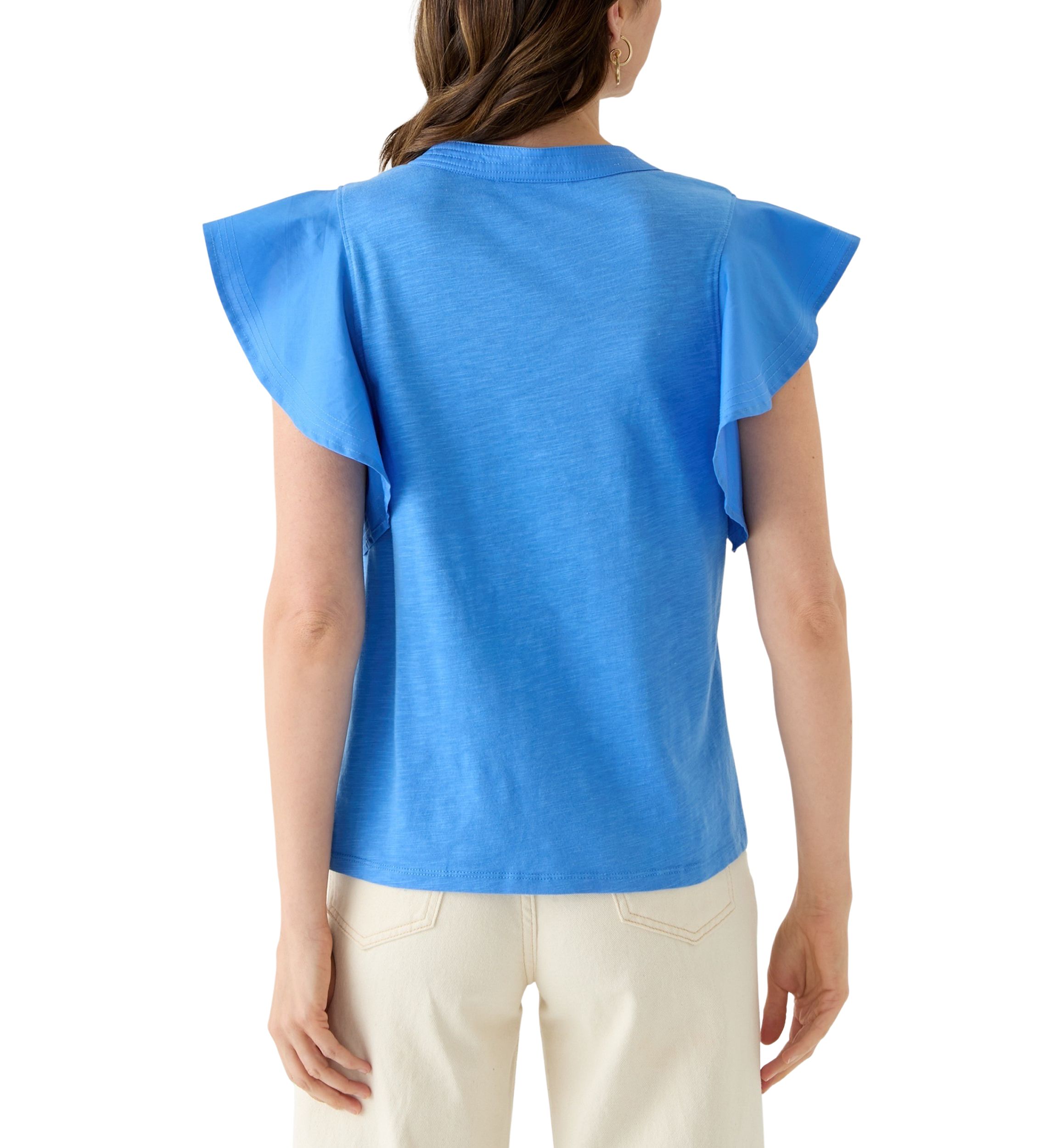 Womens Flutter Woven Sleeve Knit Top 