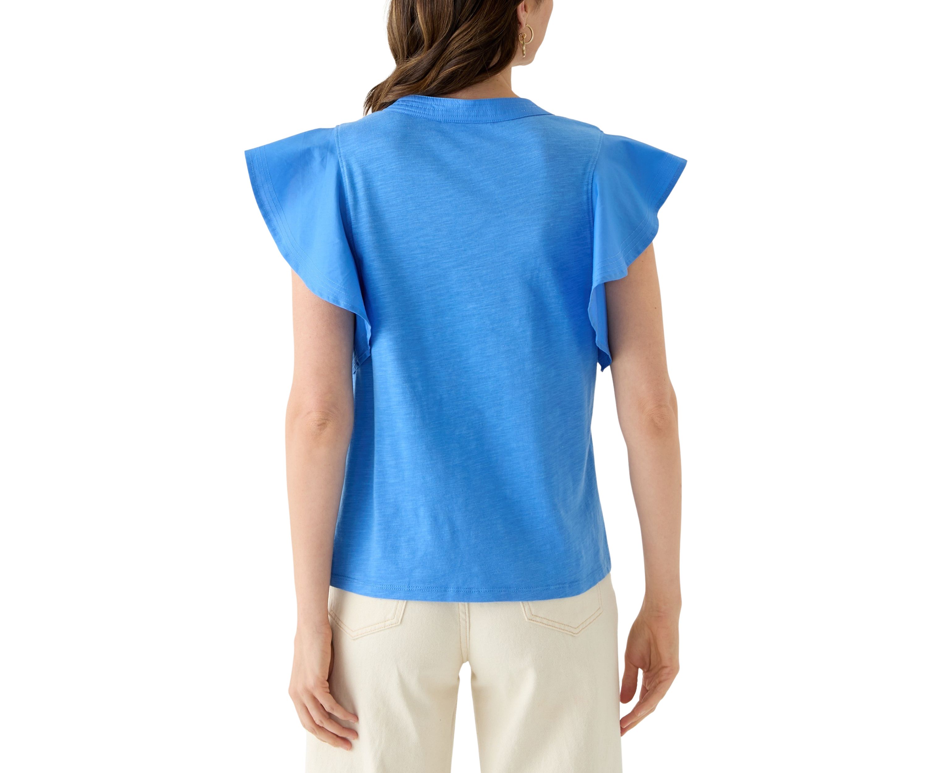 Womens Flutter Woven Sleeve Knit Top 