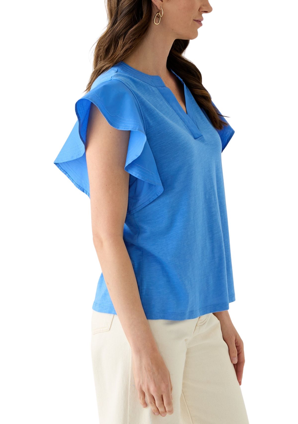 Womens Flutter Woven Sleeve Knit Top 
