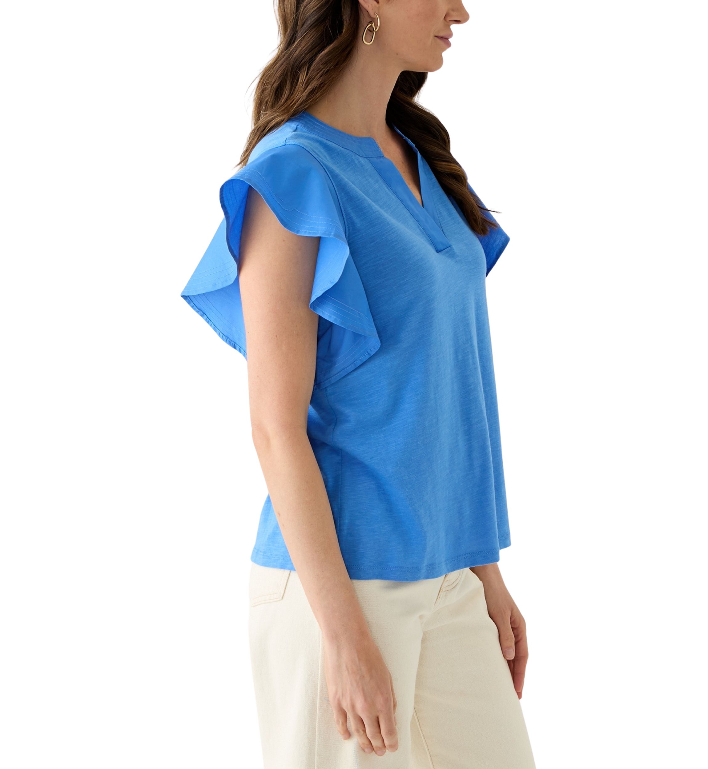 Womens Flutter Woven Sleeve Knit Top 