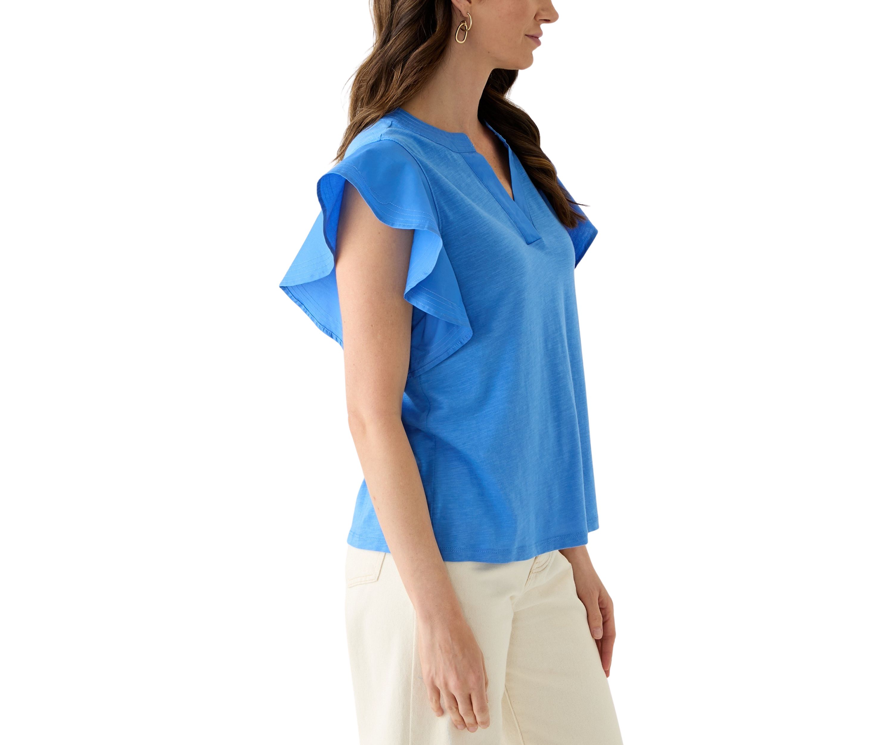 Womens Flutter Woven Sleeve Knit Top 