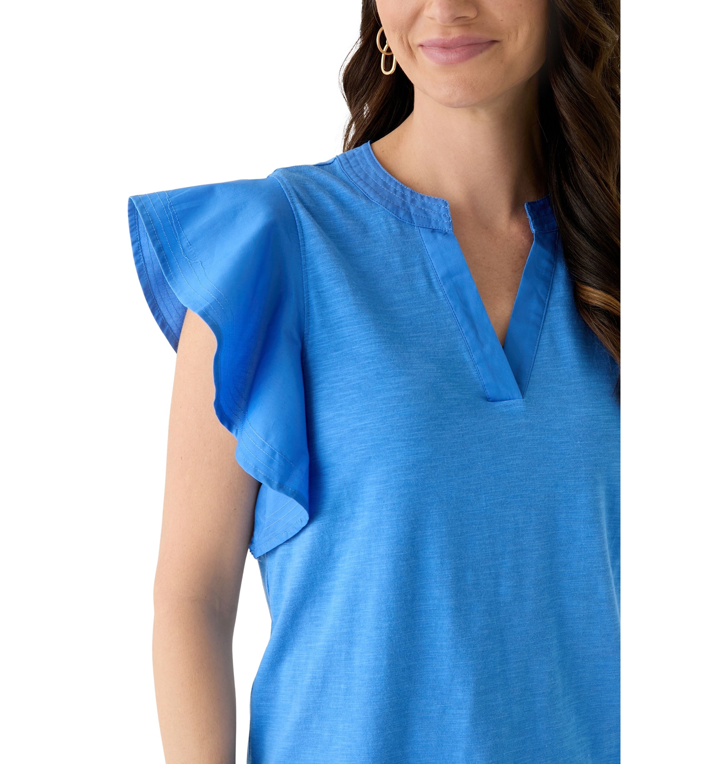 Womens Flutter Woven Sleeve Knit Top 
