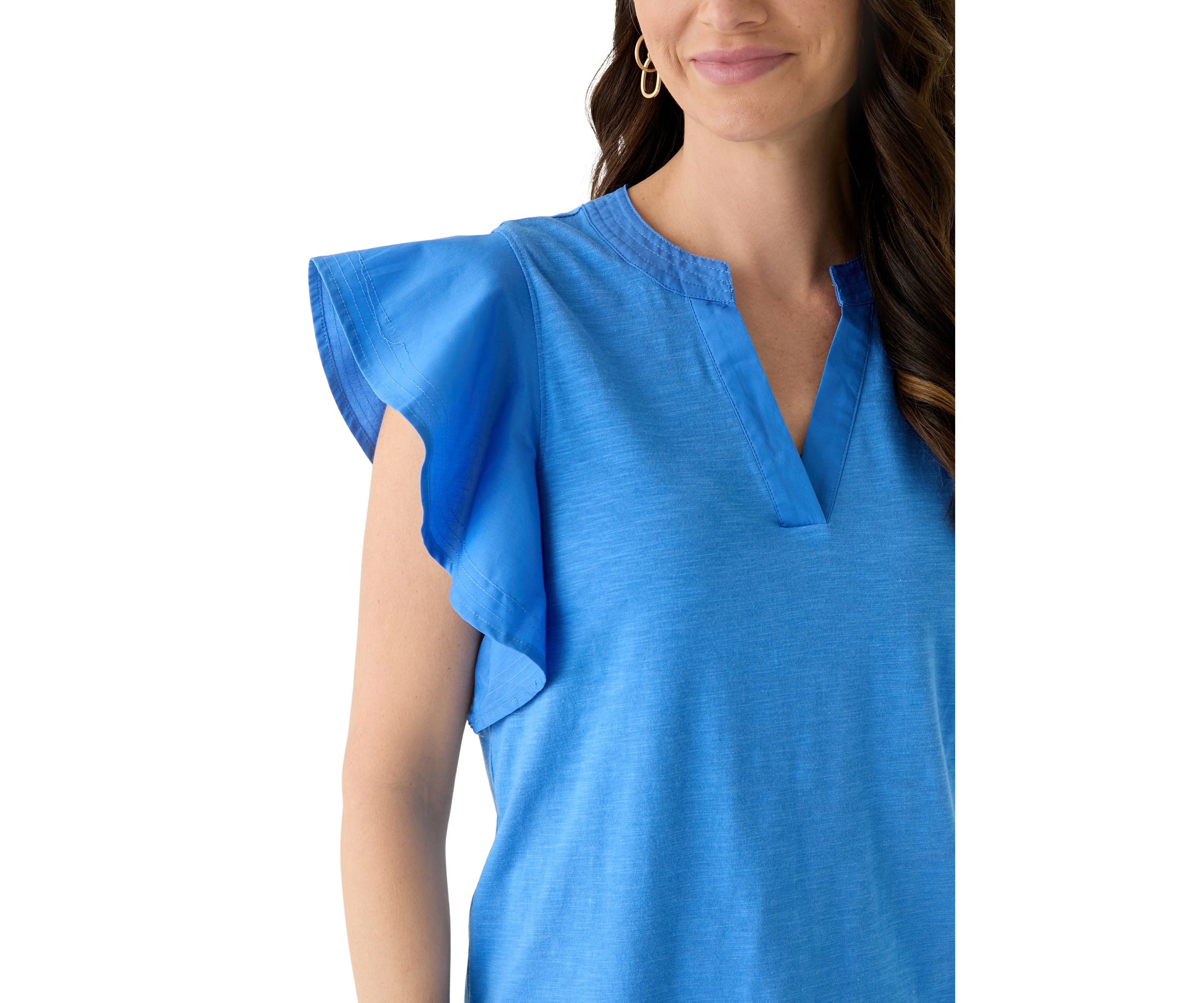 Womens Flutter Woven Sleeve Knit Top 