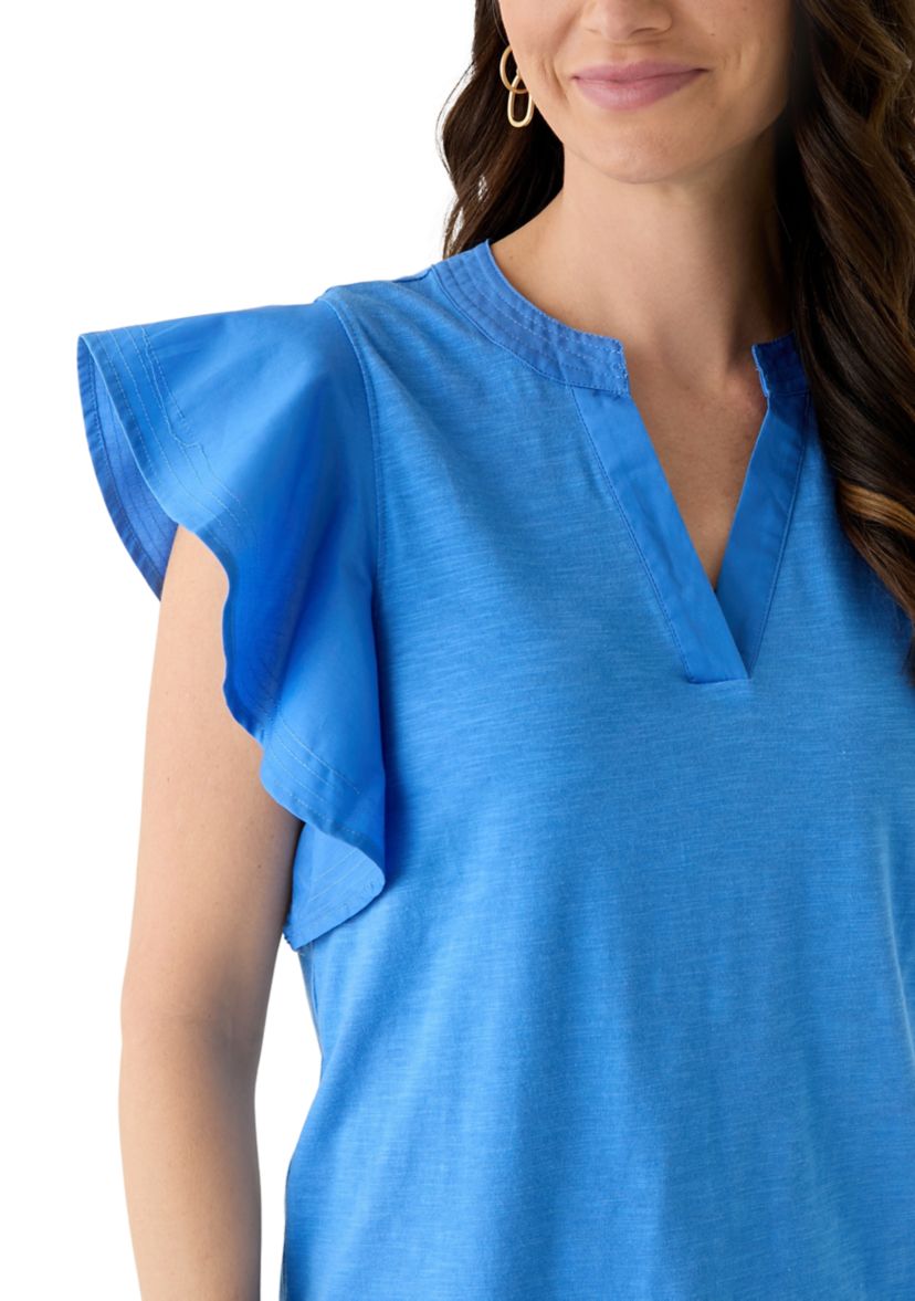 Womens Flutter Woven Sleeve Knit Top 