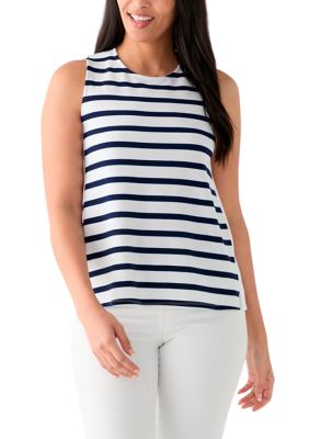 Crown & Ivy Women's Sleeveless Striped Baby Terry Tank Top, Navy Blue, XL