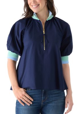Crown & Ivy Women's Puff Sleeve Collar Zip Up Striped Top, Navy Blue, Small