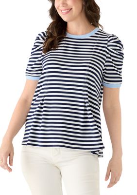 Crown & Ivy Women's Short Puff Sleeve Pleated Striped Top, Navy Blue, XXL