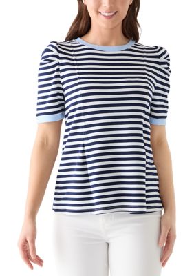 Crown & Ivy Women's Petite Short Sleeve Crew Neck Striped T-Shirt, Navy Blue, PXL