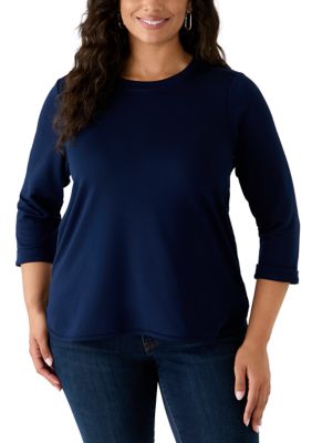 Crown & Ivy Women's Plus Size 3/4 Sleeve Baby Terry T-Shirt, Navy Blue, 4X