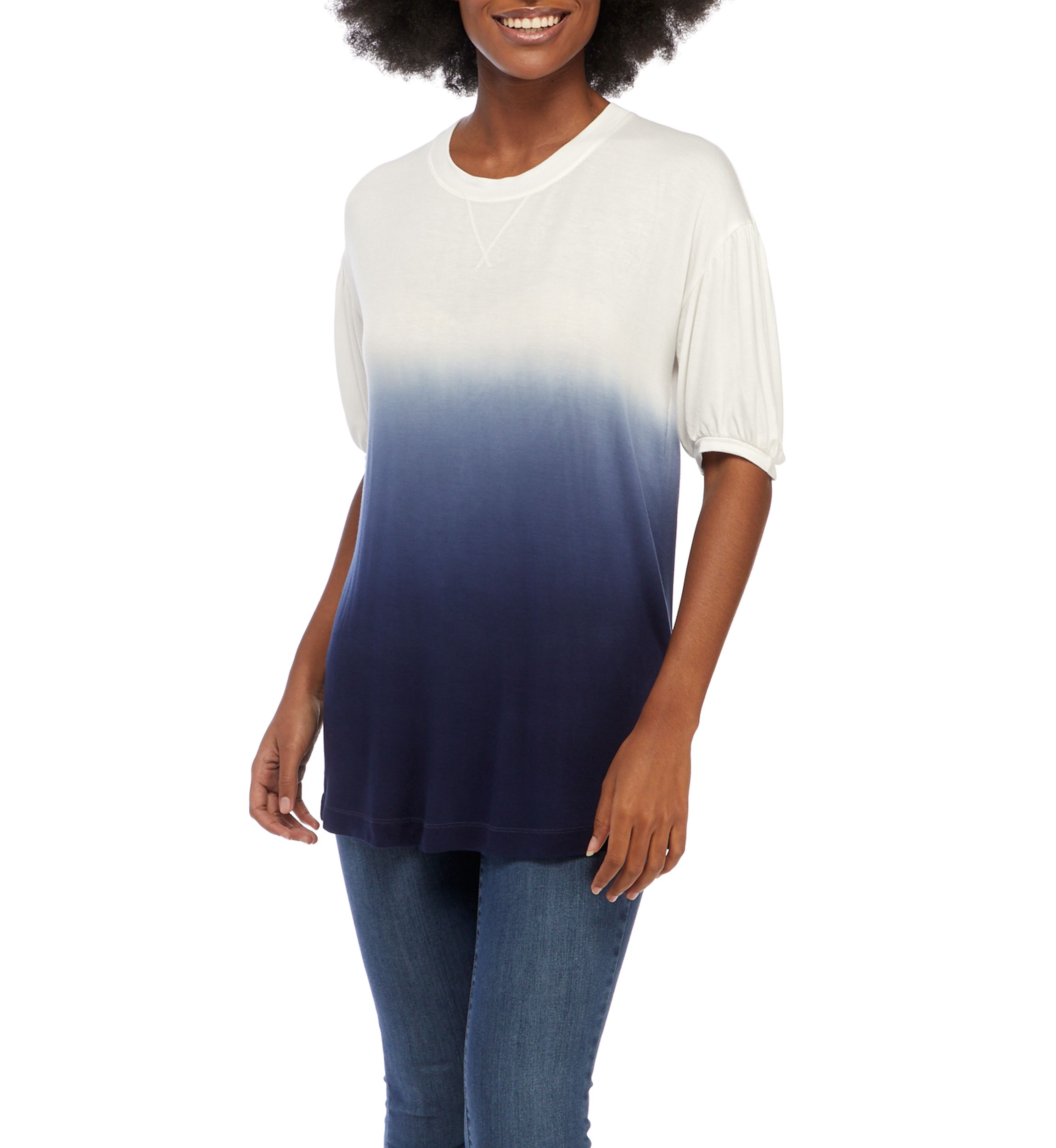 Womens Elbow Puff Sleeve Dip Dye Top