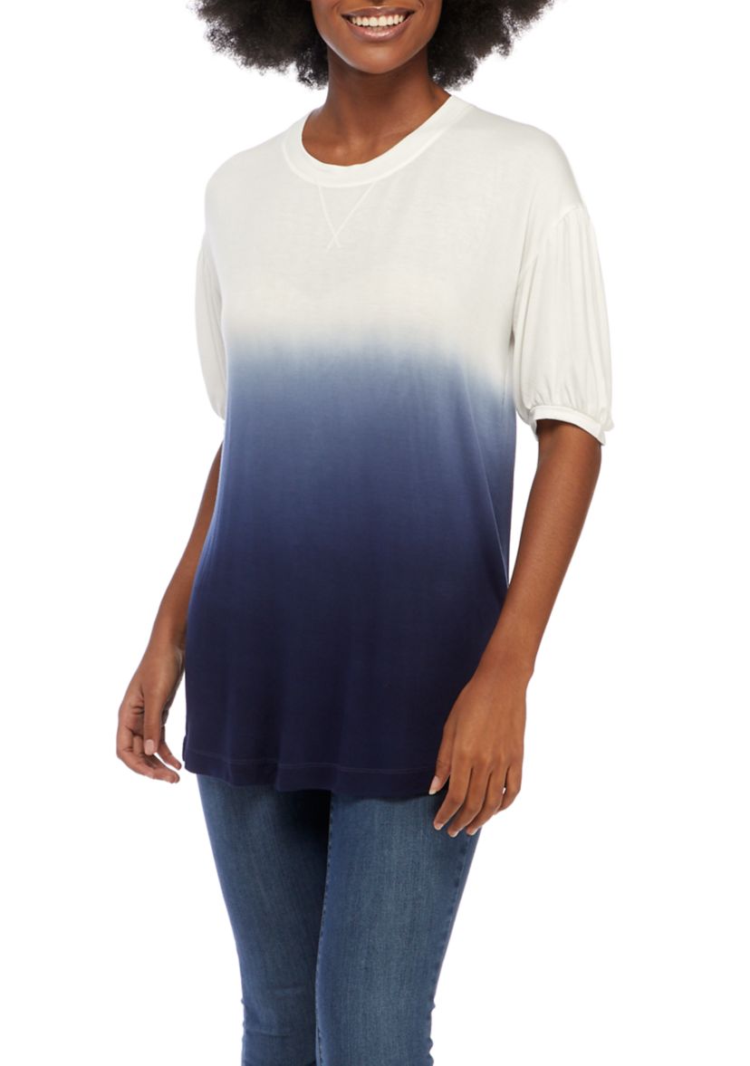 Womens Elbow Puff Sleeve Dip Dye Top