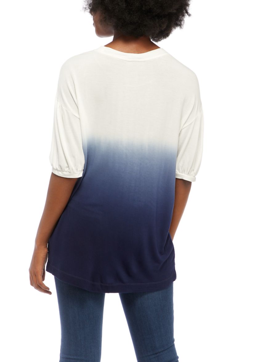 Womens Elbow Puff Sleeve Dip Dye Top