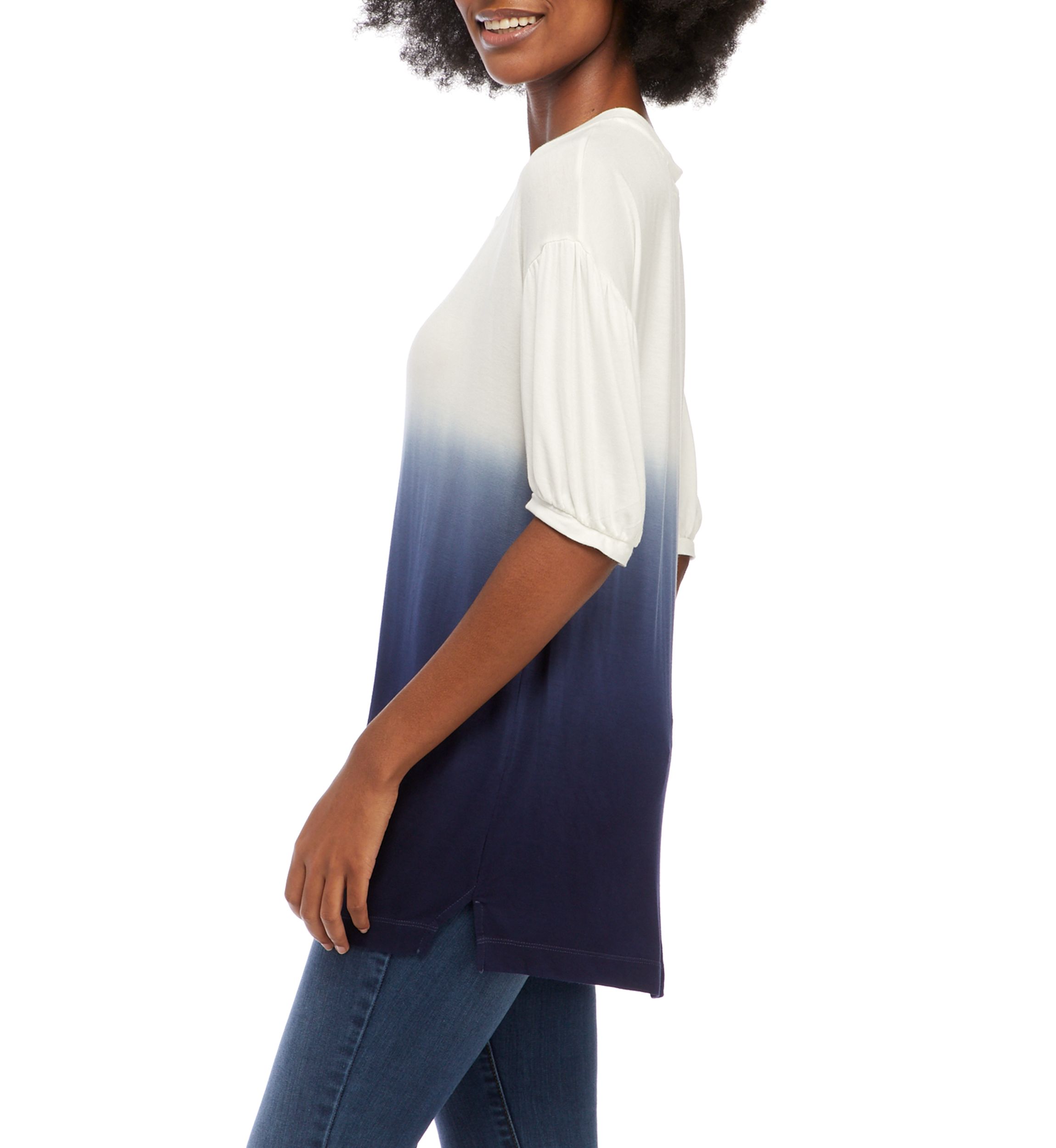 Womens Elbow Puff Sleeve Dip Dye Top