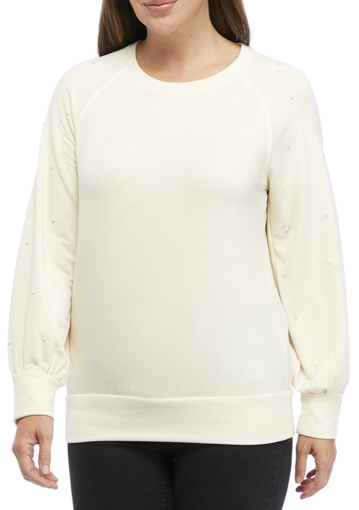Womens Balloon Pearl Sleeve Baby Terry Pullover 