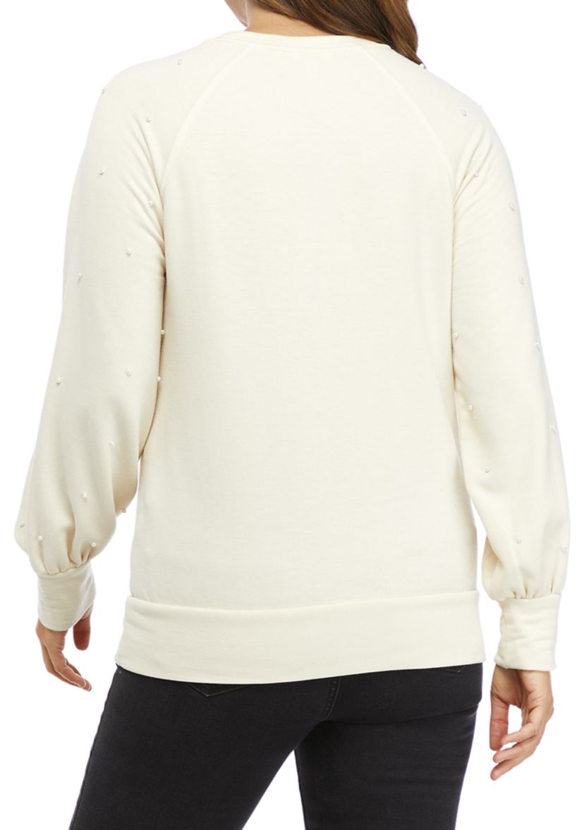 Womens Balloon Pearl Sleeve Baby Terry Pullover 