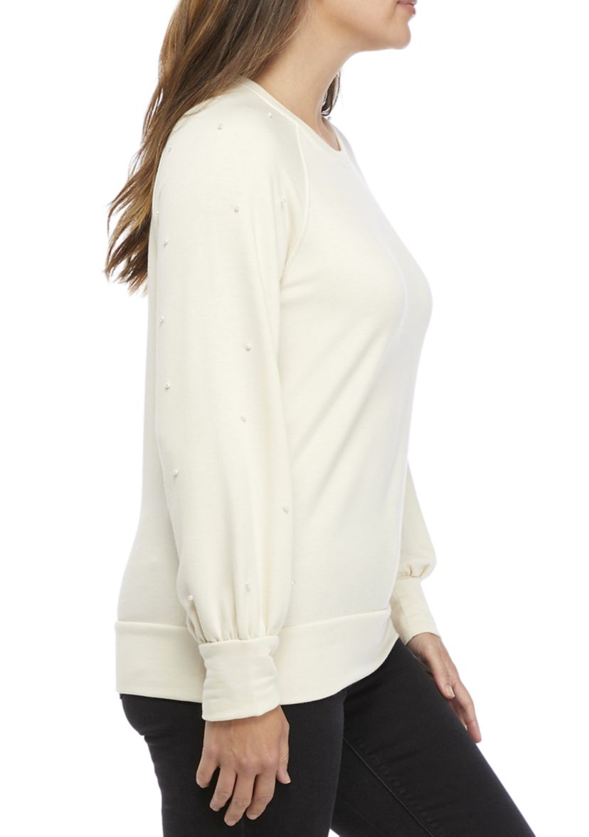 Womens Balloon Pearl Sleeve Baby Terry Pullover 