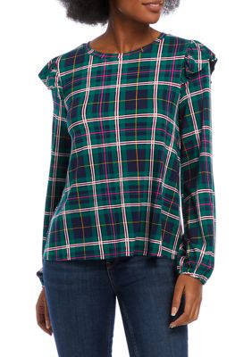 Women's Plaid Ruffle Shoulder Top