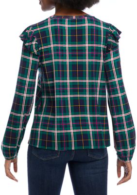 Women's Plaid Ruffle Shoulder Top