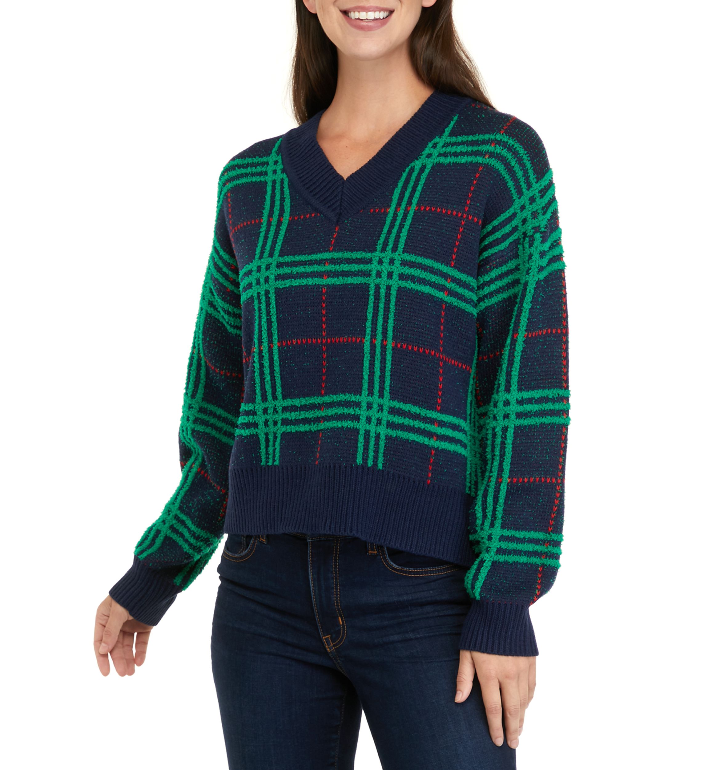 Womens Long Sleeve V-Neck Plaid Sweater